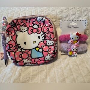 Sanrio-Hello Kitty Bundle With Pink Pouch, 2 Hair Ties, & Pen 3-Piece Set